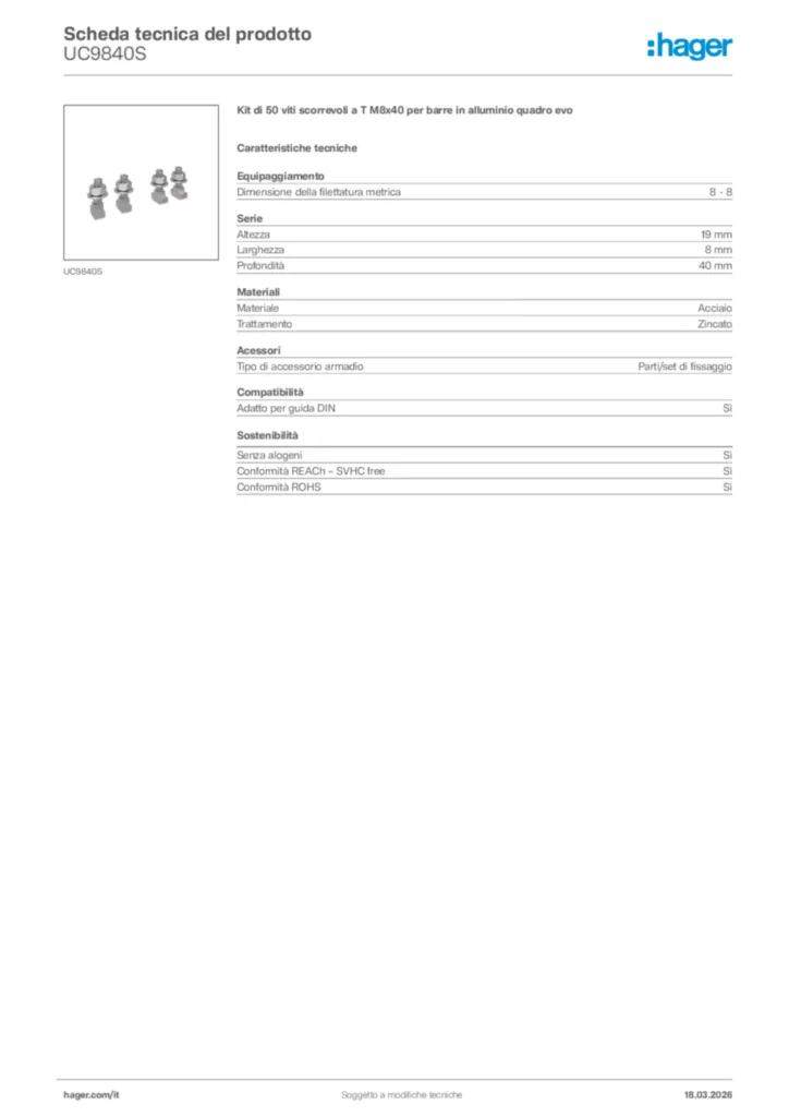 Immagine Hager Scheda tecnica del prodotto UC9840S | Hager Italia