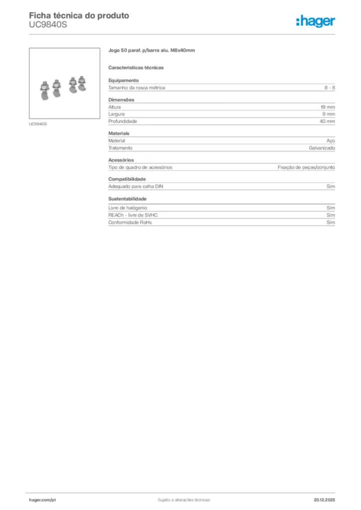Imagem Hager Ficha técnica do produto UC9840S | Hager Portugal
