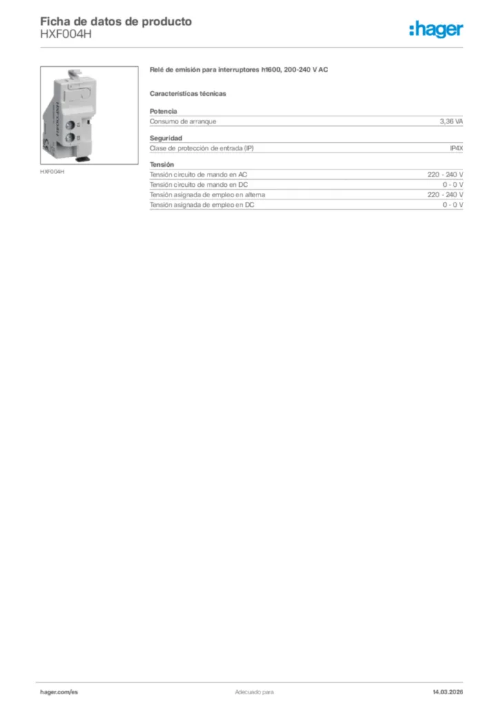 Imagen Hager Ficha de datos de producto HXF004H | Hager España