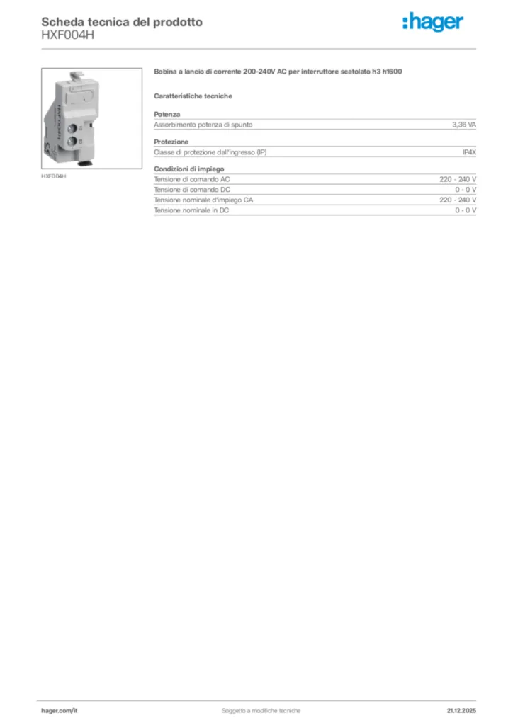 Immagine Hager Scheda tecnica del prodotto HXF004H | Hager Italia