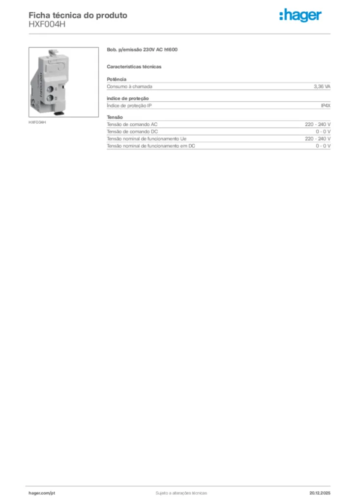 Imagem Hager Ficha técnica do produto HXF004H | Hager Portugal