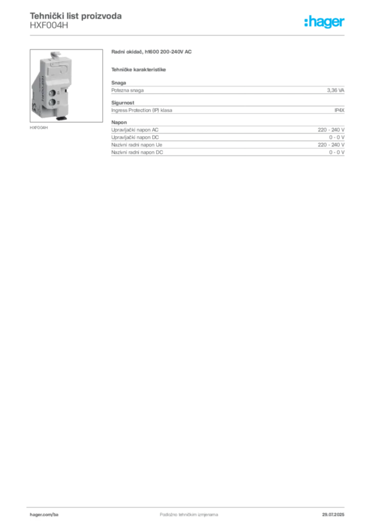 Slika Hager Product data sheet HXF004H  | Hager