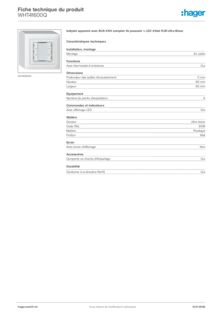 Image Hager Fiche technique du produit WHT41600Q | Hager Suisse