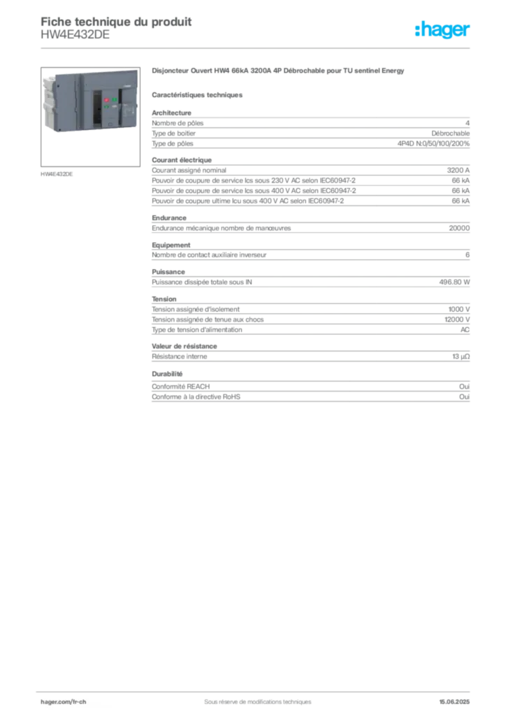 Image Hager Fiche technique du produit HW4E432DE | Hager Suisse