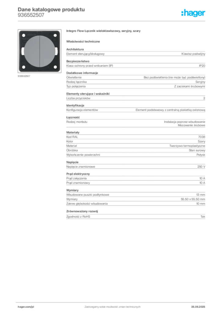 Zdjęcie Hager Dane katalogowe produktu 936552507 | Hager Polska