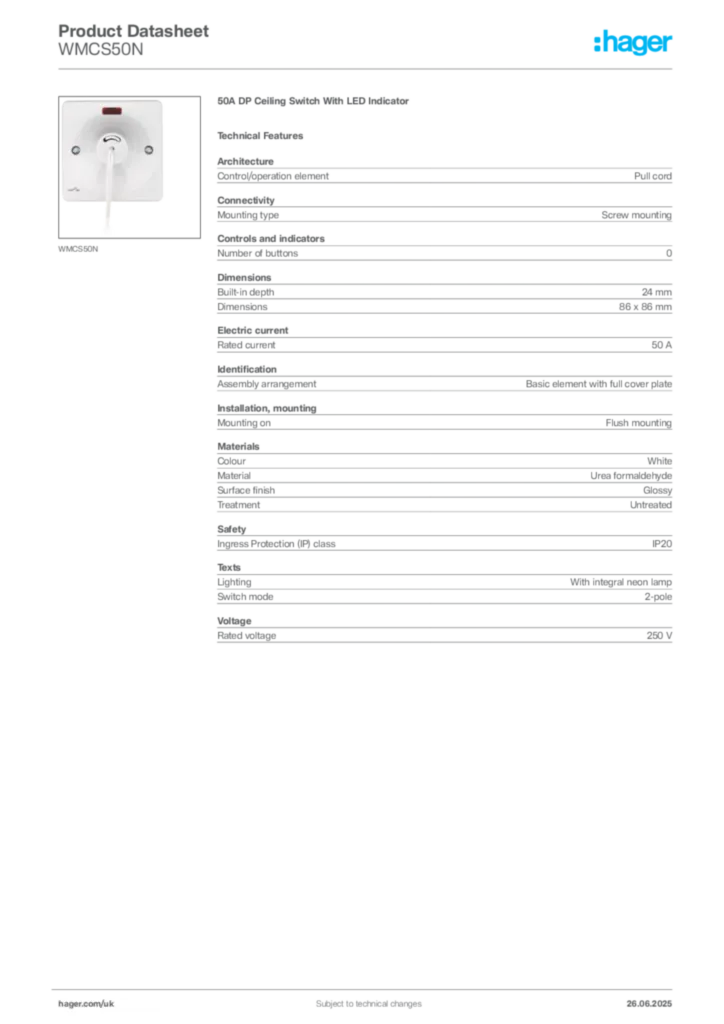 Image Hager Product data sheet WMCS50N  | Hager