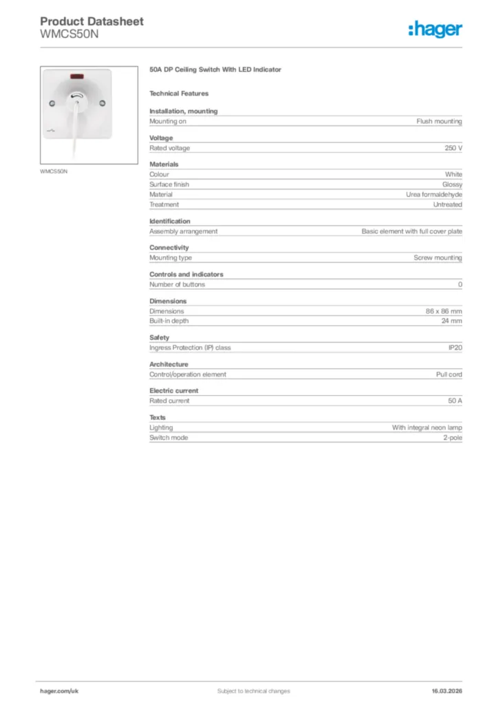 Image Hager Product data sheet WMCS50N  | Hager