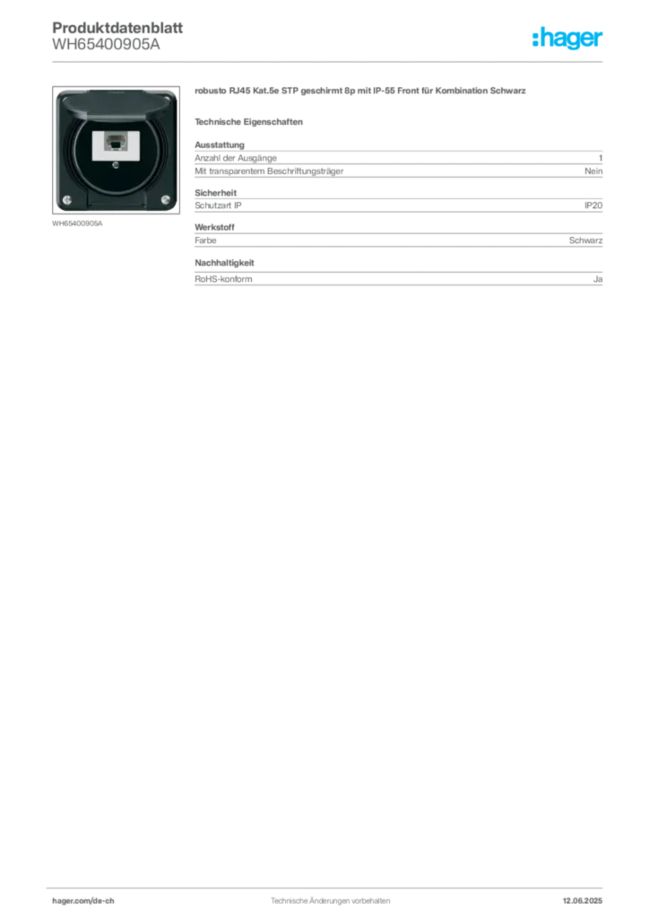 Bild Hager Produktdatenblatt WH65400905A | Hager Schweiz