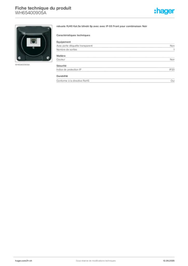 Image Hager Fiche technique du produit WH65400905A | Hager Suisse
