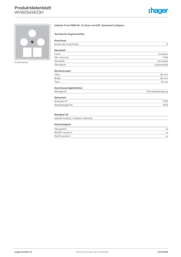 Bild Hager Produktdatenblatt WH50541403H | Hager Schweiz