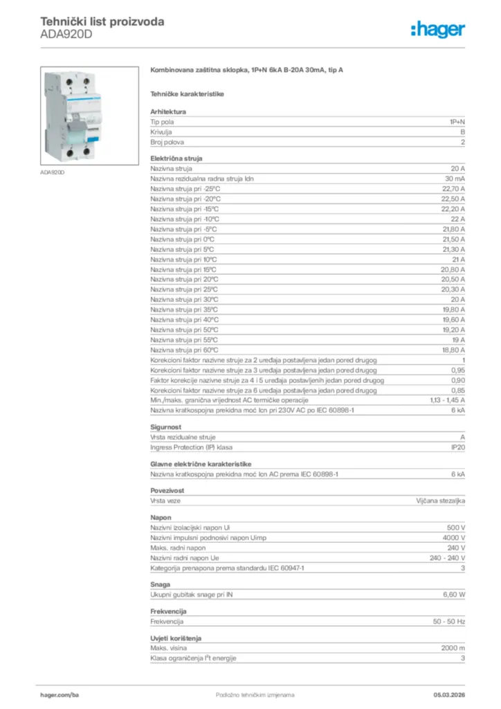 Slika Hager Tehnički list proizvoda ADA920D  | Hager