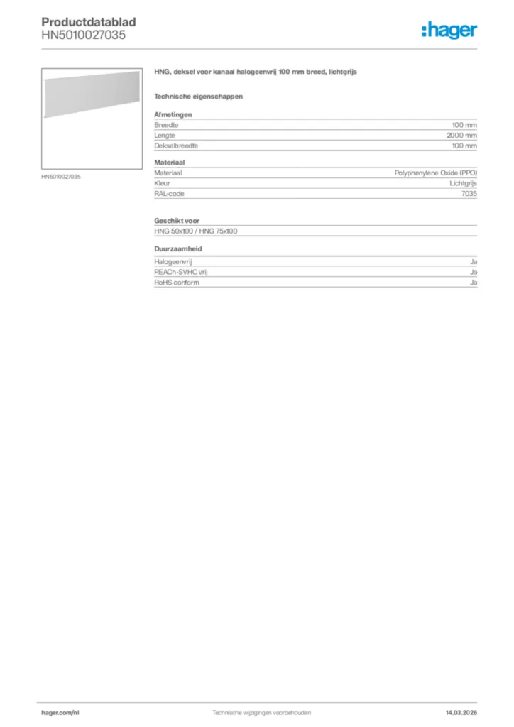 Afbeelding Hager Productdatablad HN5010027035 | Hager Nederland