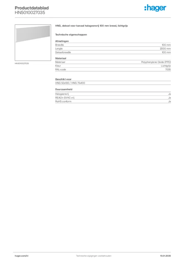 Afbeelding Hager Productdatablad HN5010027035 | Hager Nederland