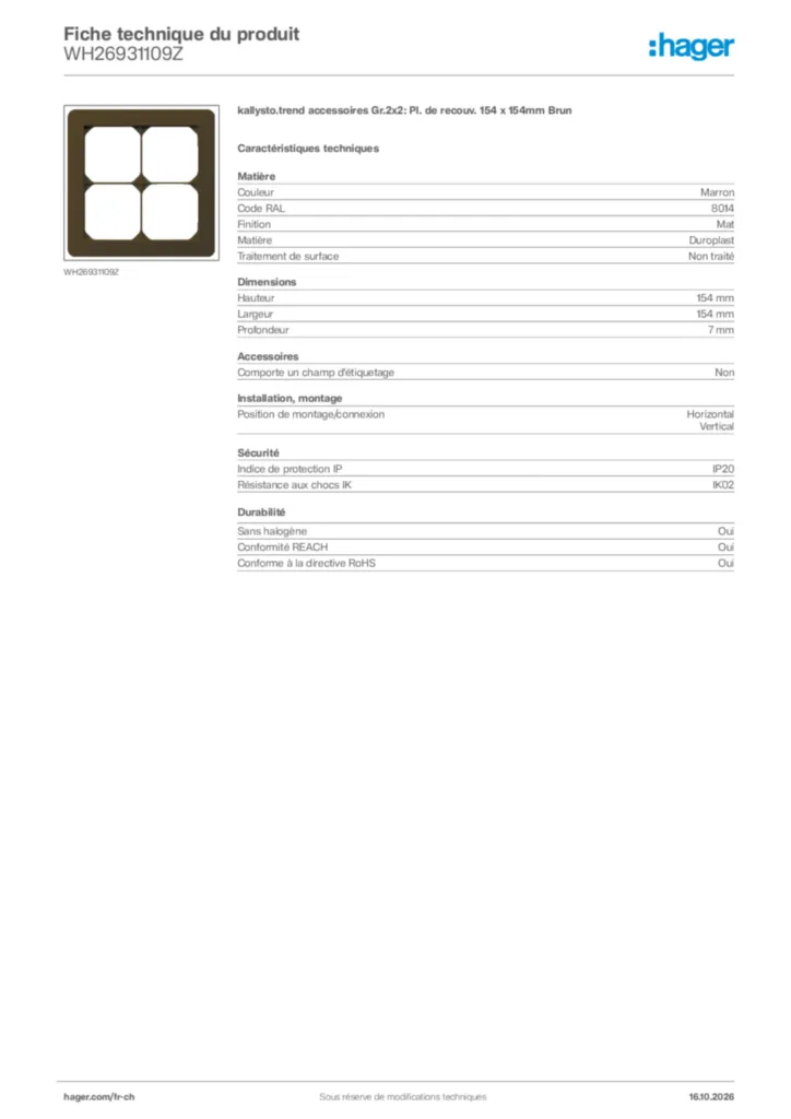 Image Hager Fiche technique du produit WH26931109Z | Hager Suisse
