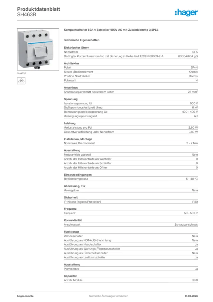 Bild Hager Produktdatenblatt SH463B | Hager Deutschland