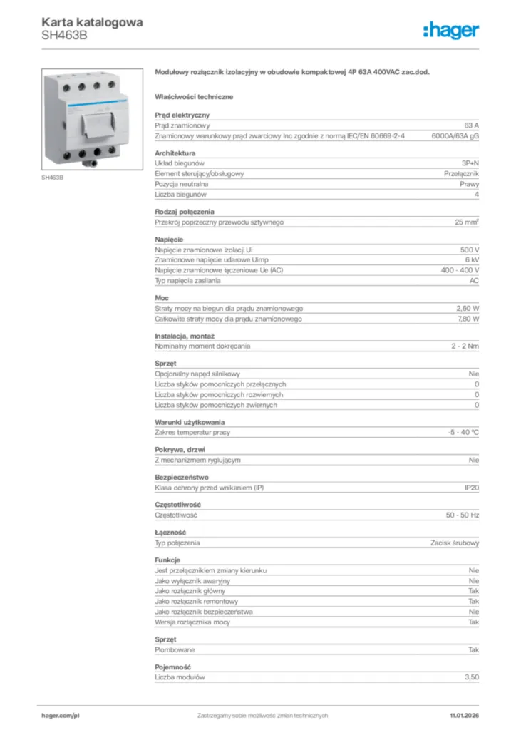 Zdjęcie Hager Karta katalogowa SH463B | Hager Polska