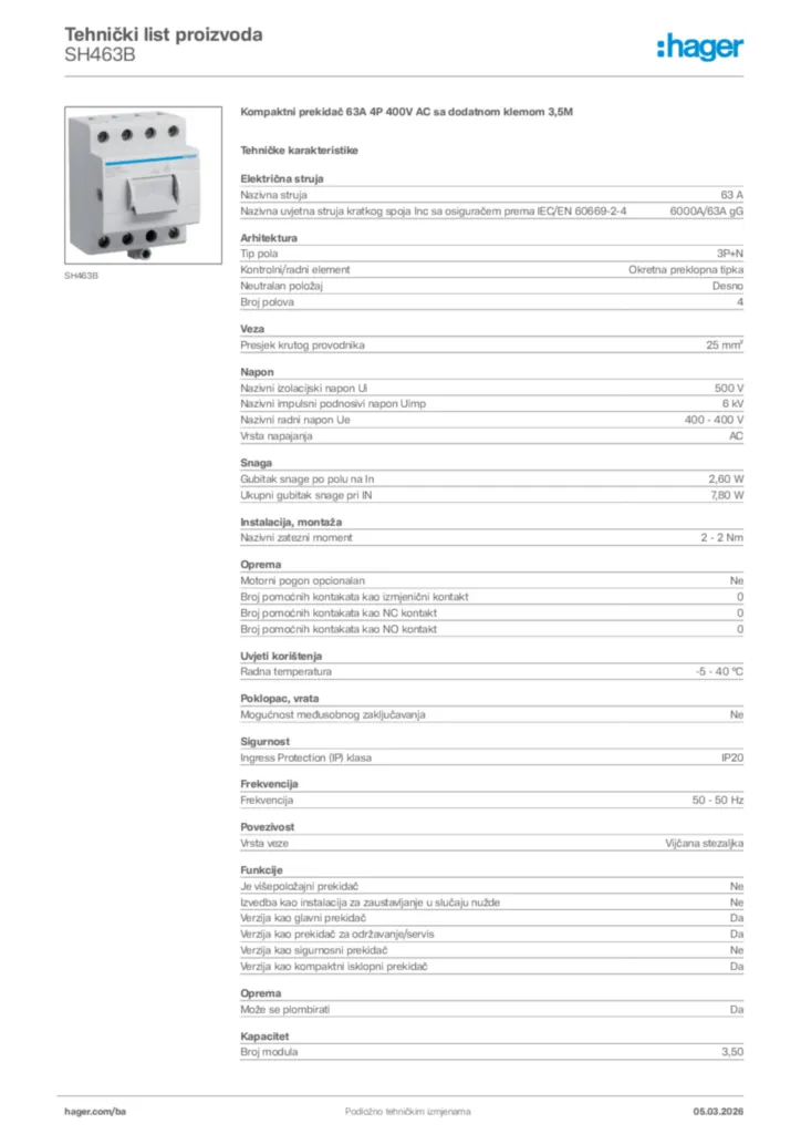 Slika Hager Tehnički list proizvoda SH463B  | Hager