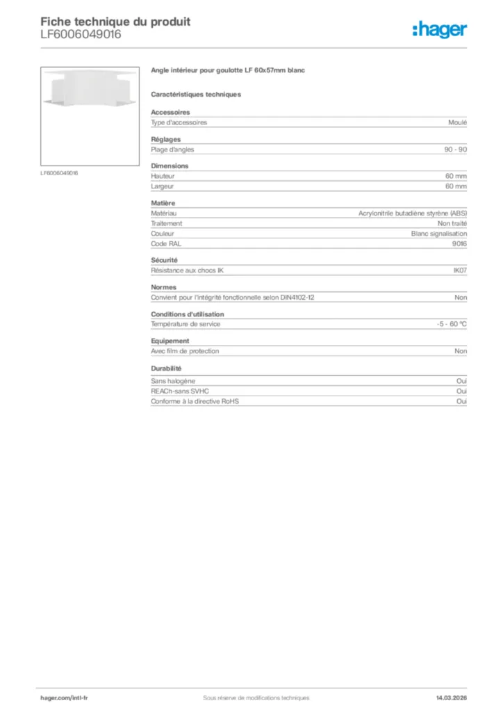 Image Hager Fiche technique du produit LF6006049016 | Hager Afrique