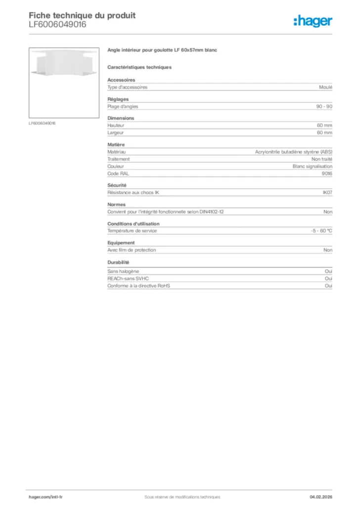 Image Hager Fiche technique du produit LF6006049016 | Hager Afrique