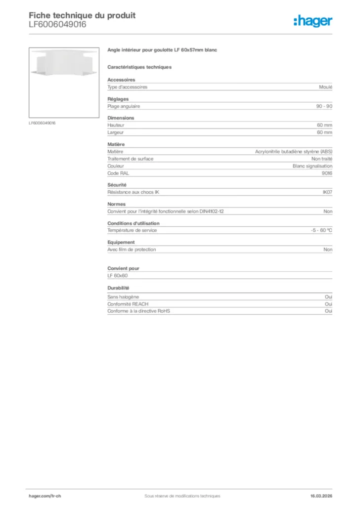 Image Hager Fiche technique du produit LF6006049016 | Hager Suisse