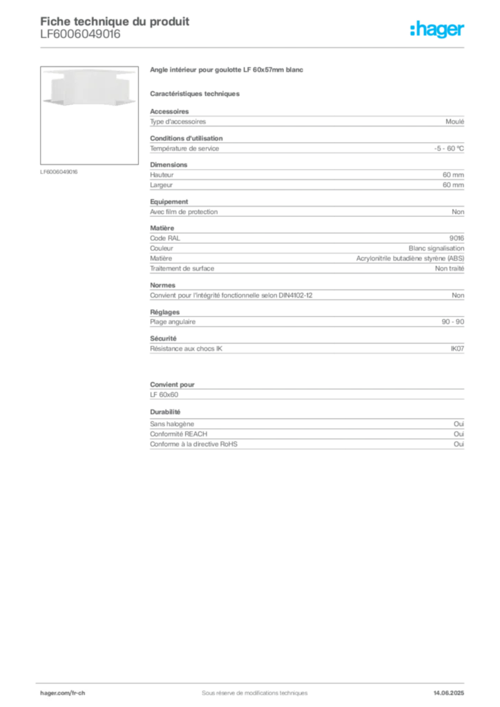 Image Hager Fiche technique du produit LF6006049016 | Hager Suisse