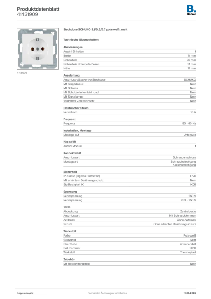 Bild Berker Produktdatenblatt 41431909 | Hager Deutschland