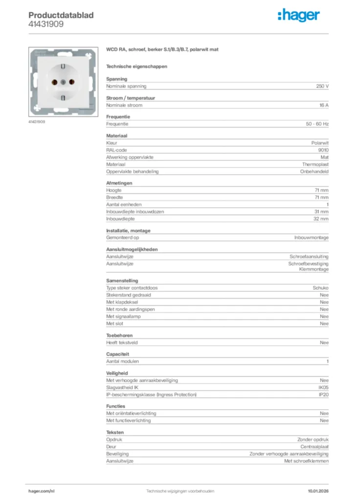 Afbeelding Hager Productdatablad 41431909 | Hager Nederland