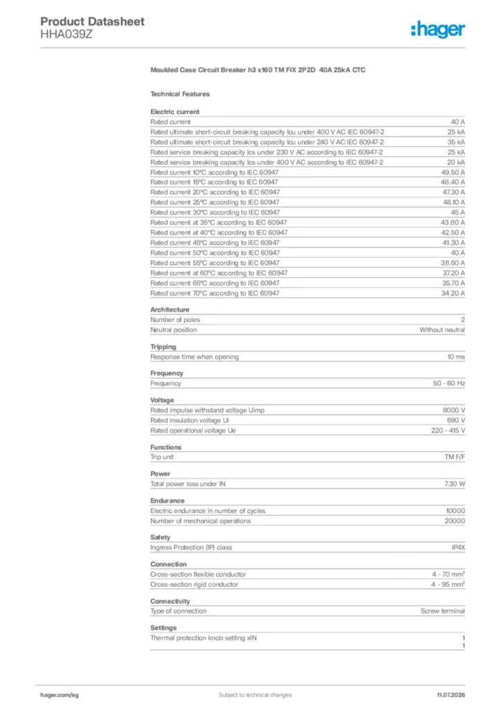 Image Hager Product data sheet HHA039Z  | Hager