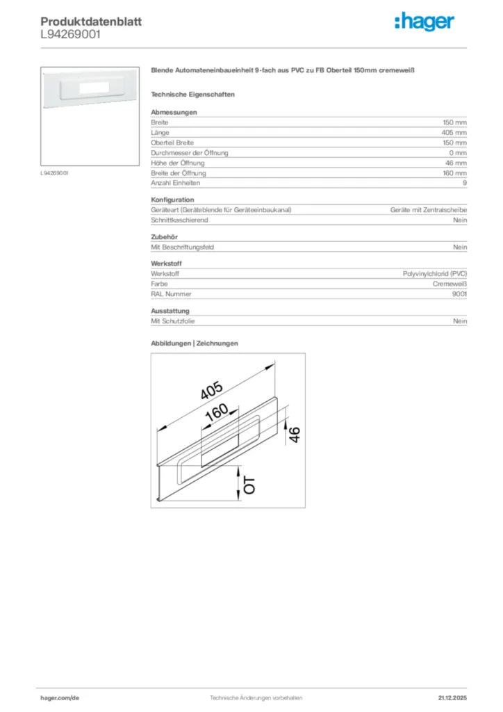 Bild Hager Produktdatenblatt L94269001 | Hager Deutschland