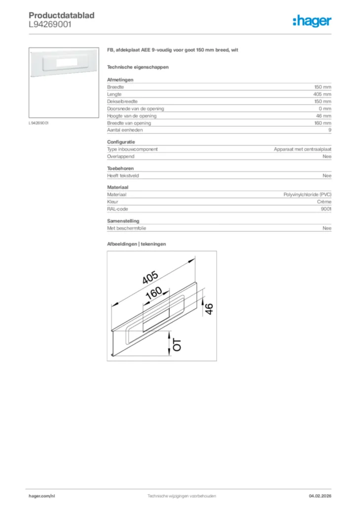 Afbeelding Hager Productdatablad L94269001 | Hager Nederland
