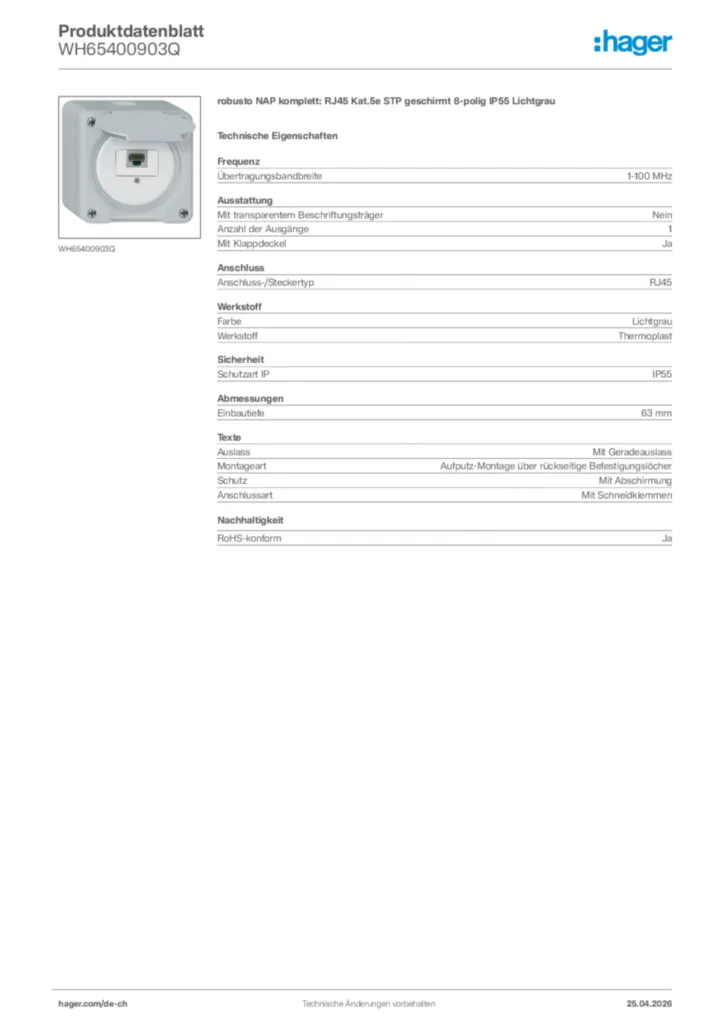 Bild Hager Produktdatenblatt WH65400903Q | Hager Schweiz