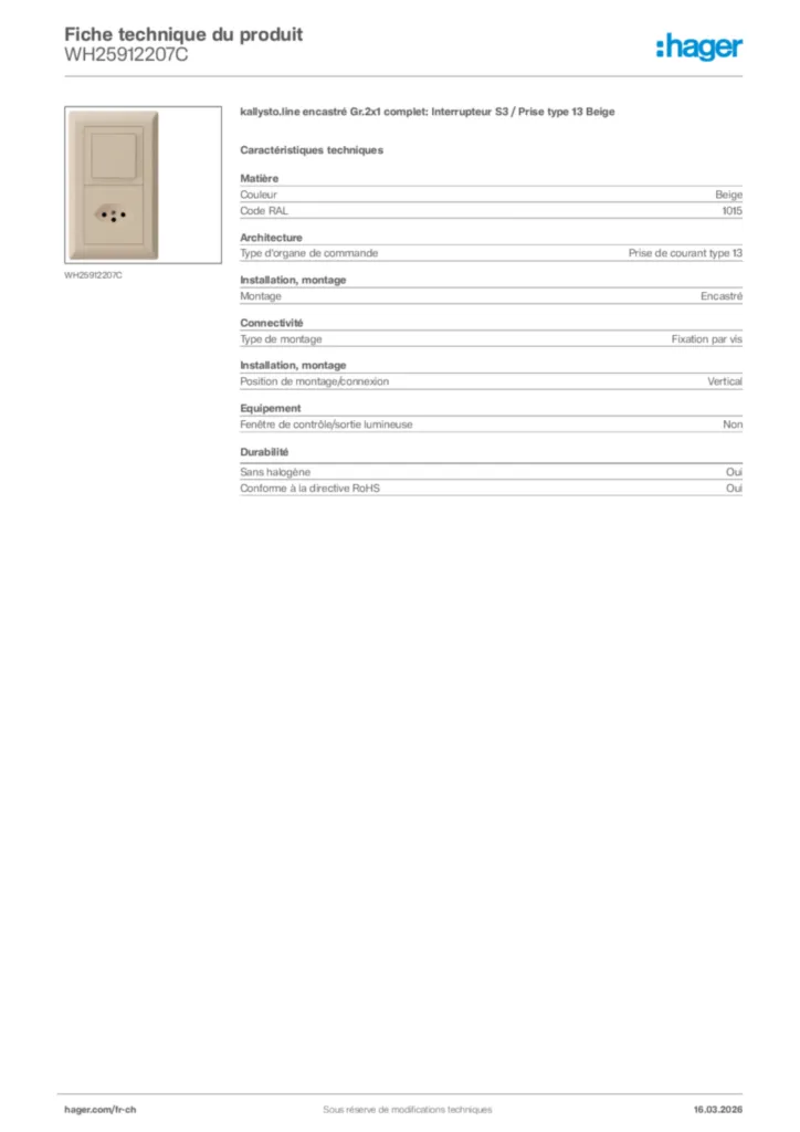 Image Hager Fiche technique du produit WH25912207C | Hager Suisse