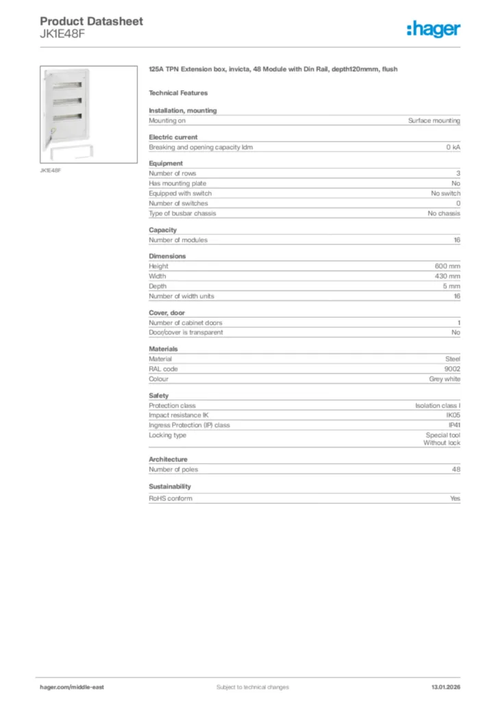 Image Hager Product data sheet JK1E48F  | Hager