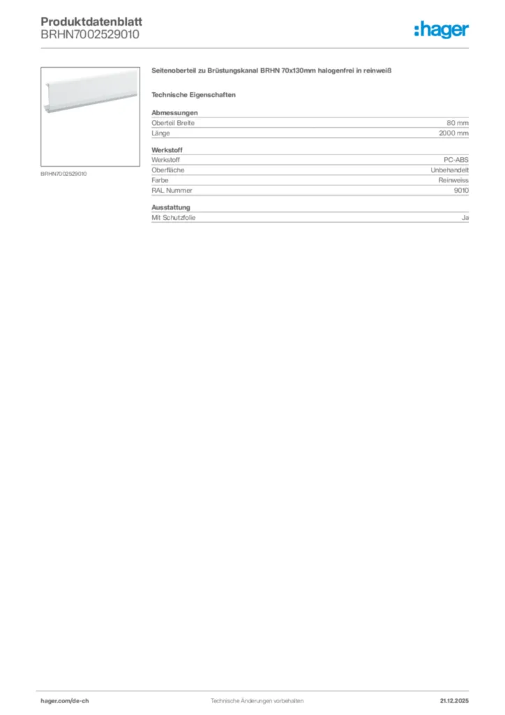 Bild Hager Produktdatenblatt BRHN7002529010 | Hager Schweiz