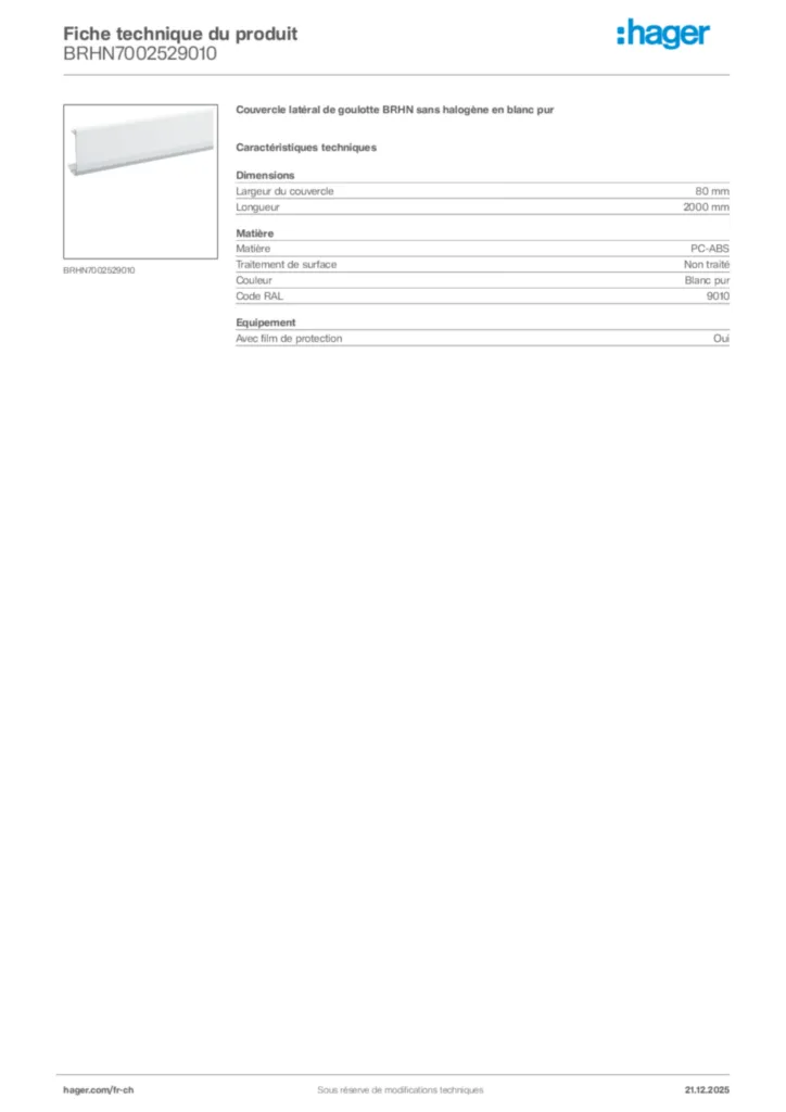 Image Hager Fiche technique du produit BRHN7002529010 | Hager Suisse