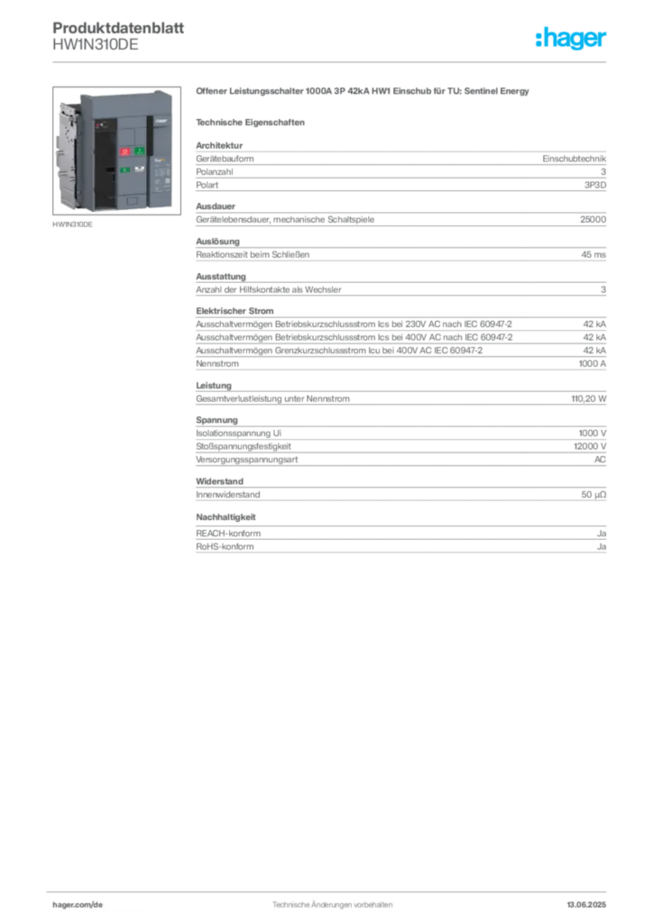 Bild Hager Produktdatenblatt HW1N310DE | Hager Deutschland