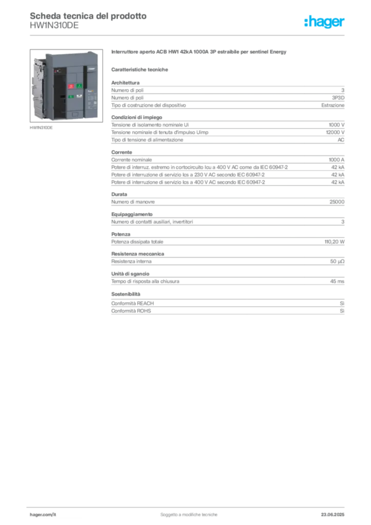 Immagine Hager Scheda tecnica del prodotto HW1N310DE | Hager Italia