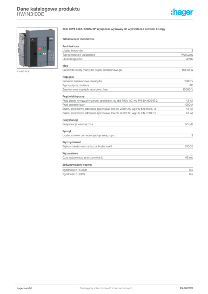 Zdjęcie Hager Dane katalogowe produktu HW1N310DE | Hager Polska