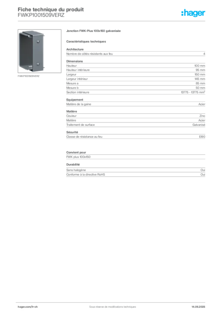 Image Hager Fiche technique du produit FWKP1001509VERZ | Hager Suisse