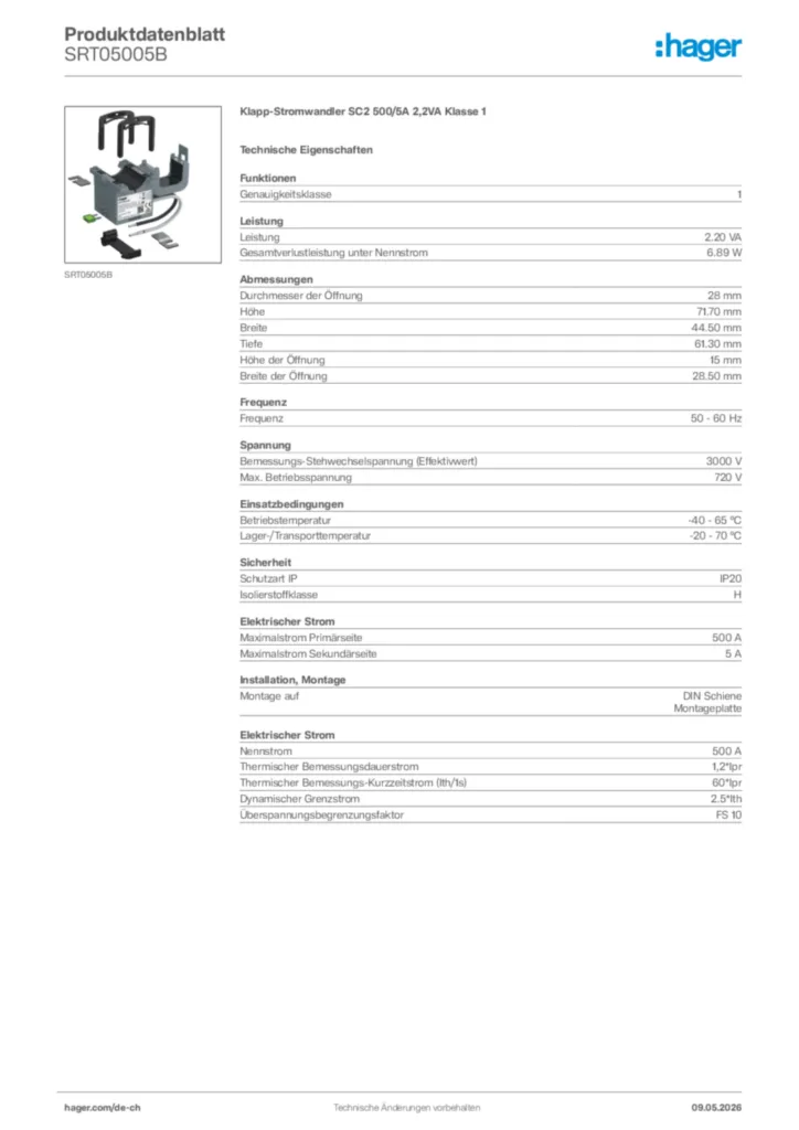 Bild Hager Produktdatenblatt SRT05005B | Hager Schweiz