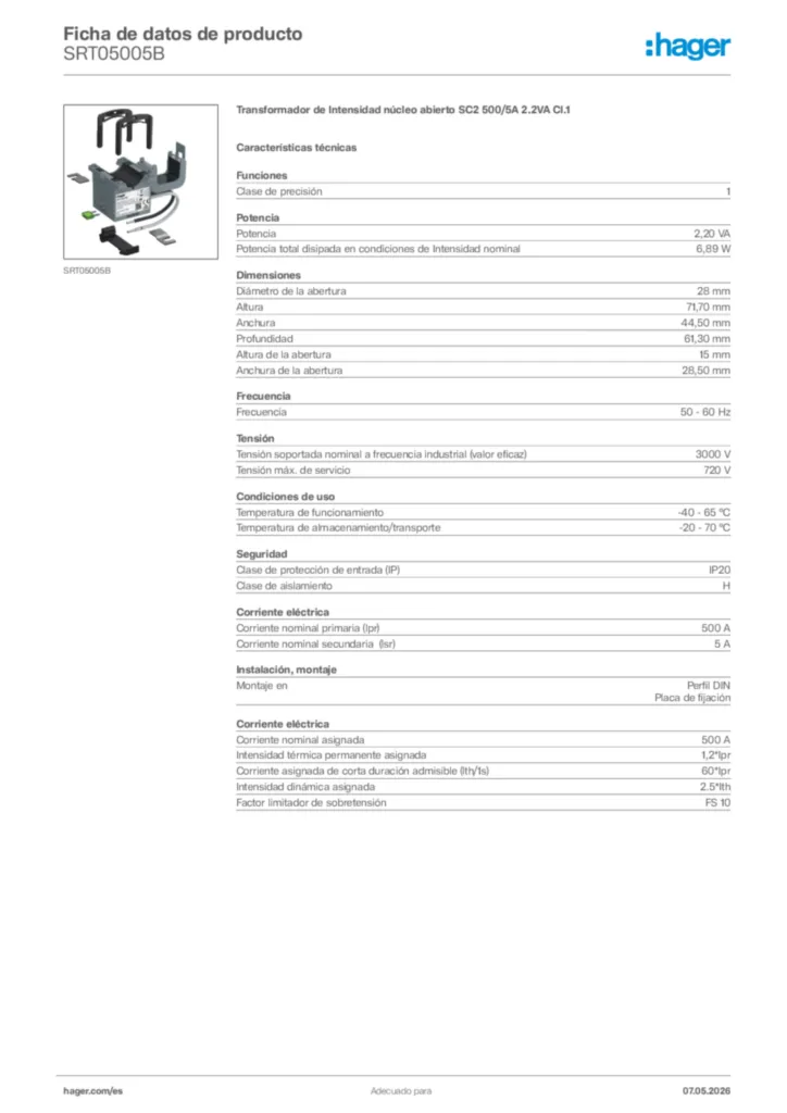 Imagen Hager Ficha de datos de producto SRT05005B | Hager España
