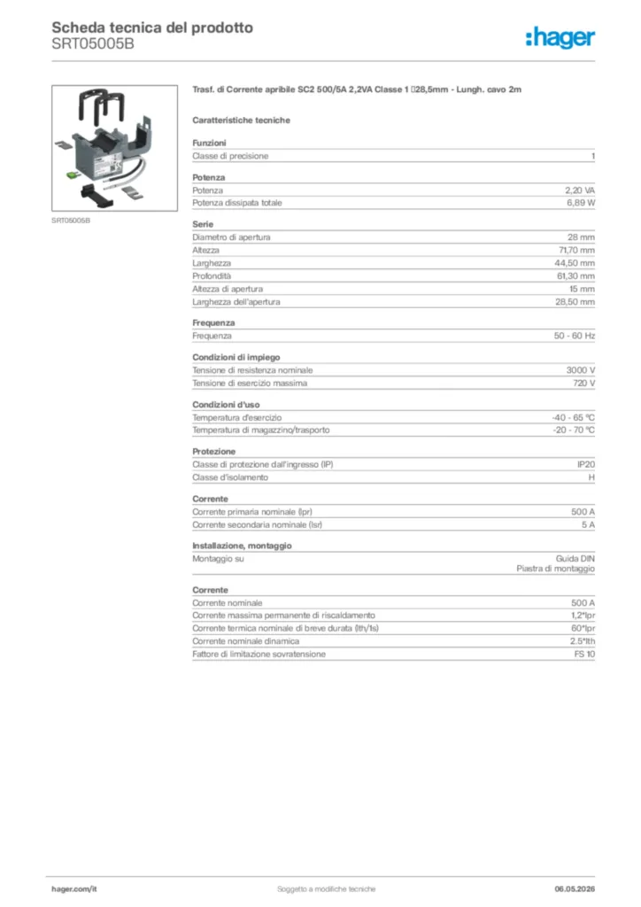 Immagine Hager Scheda tecnica del prodotto SRT05005B | Hager Italia