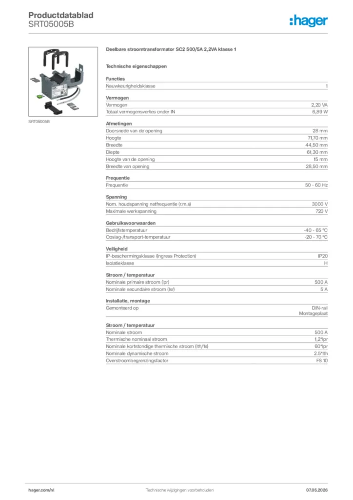 Afbeelding Hager Productdatablad SRT05005B | Hager Nederland