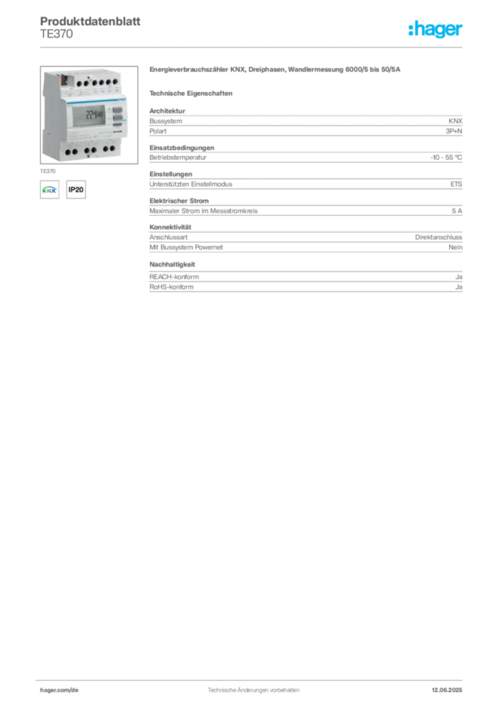 Bild Hager Produktdatenblatt TE370 | Hager Deutschland