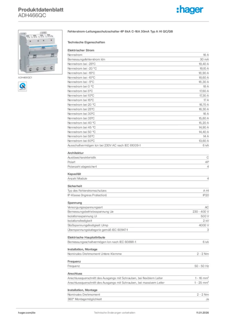 Bild Hager Produktdatenblatt ADH466QC | Hager Deutschland
