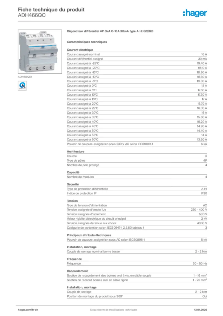 Image Hager Fiche technique du produit ADH466QC | Hager Suisse