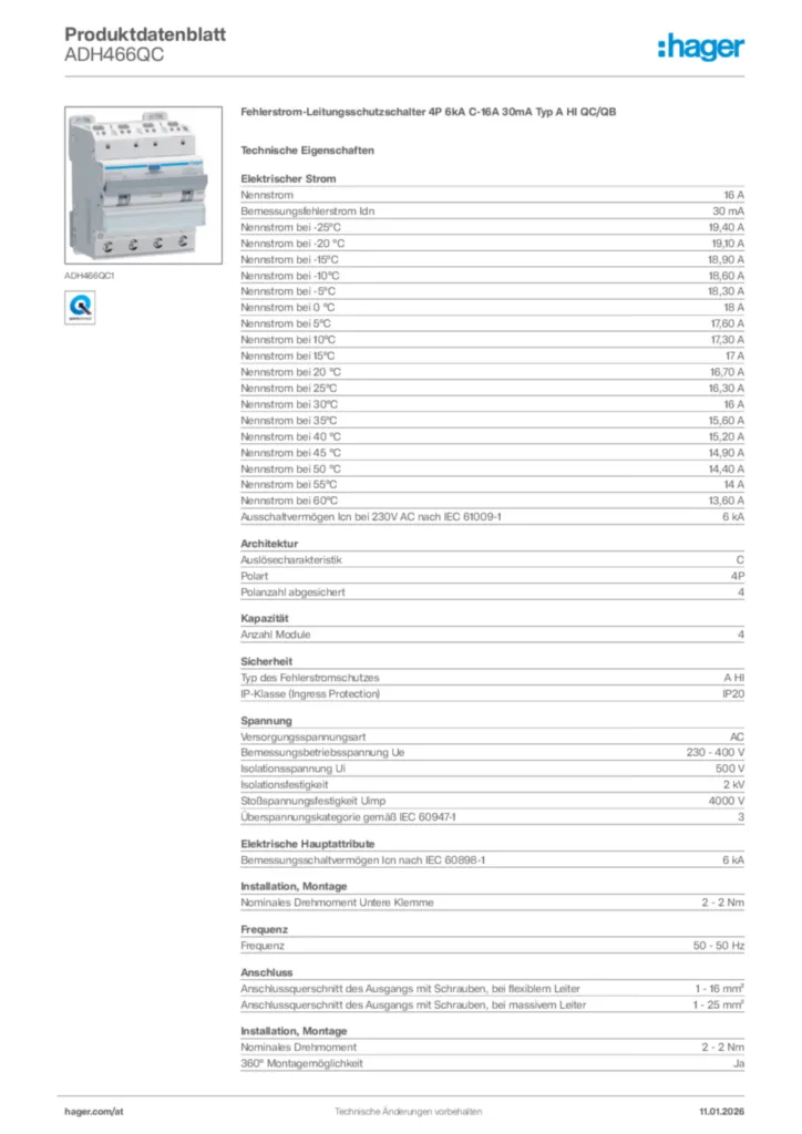 Bild Hager Produktdatenblatt ADH466QC | Hager Deutschland