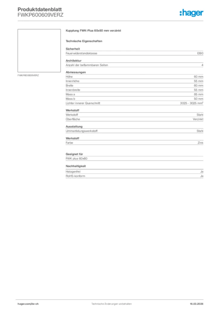 Bild Hager Produktdatenblatt FWKP600609VERZ | Hager Schweiz
