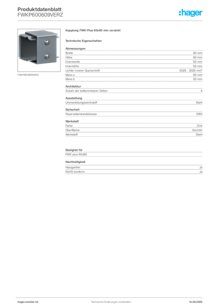 Bild Hager Produktdatenblatt FWKP600609VERZ | Hager Schweiz