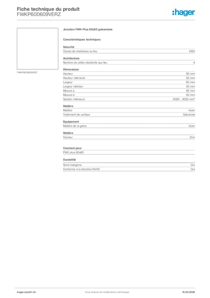 Image Hager Fiche technique du produit FWKP600609VERZ | Hager Suisse